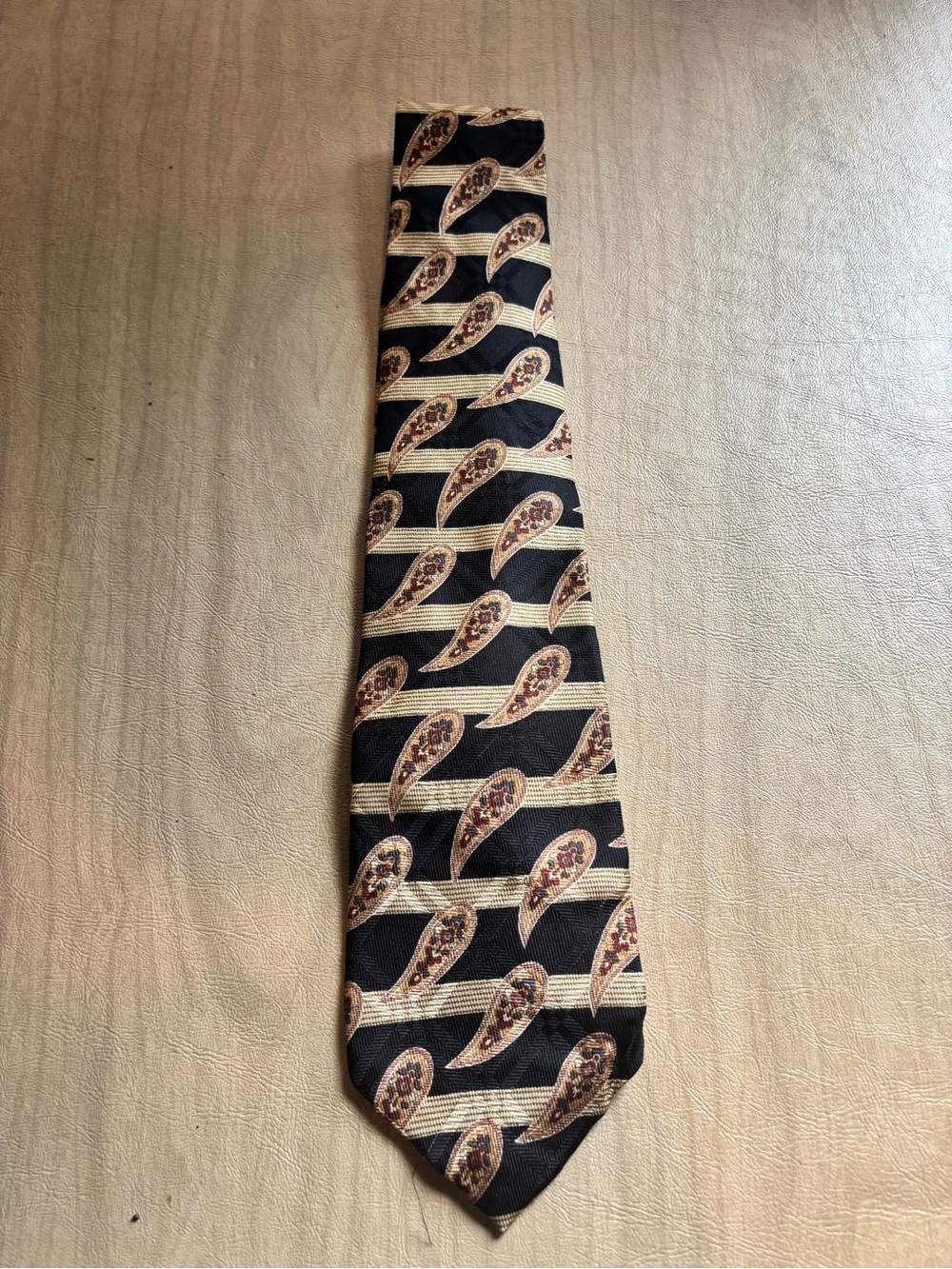 Robert Talbott Black Silk Tie with Tan Paisley Stripes
